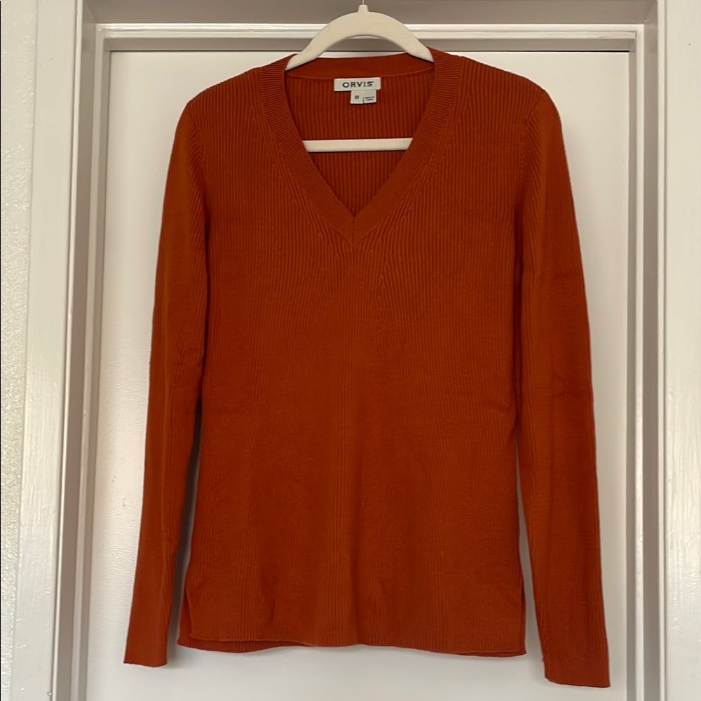 Orvis Burnt Orange Ribbed Knit V-Neck Sweater Women's M